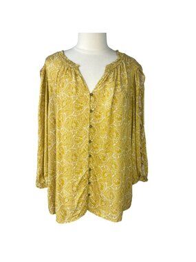 Est 1946 Cato Blouse Shirt 18/20W Yellow Floral Long Sleeves Button Front
